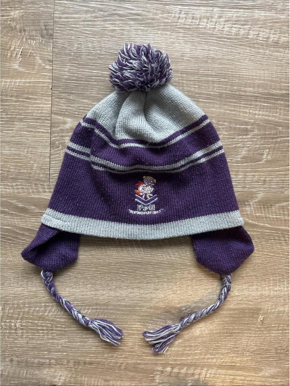 2002 Powerpuff Girls Pom Beanie Ear Flap Cartoon Network Purple Grey One Size